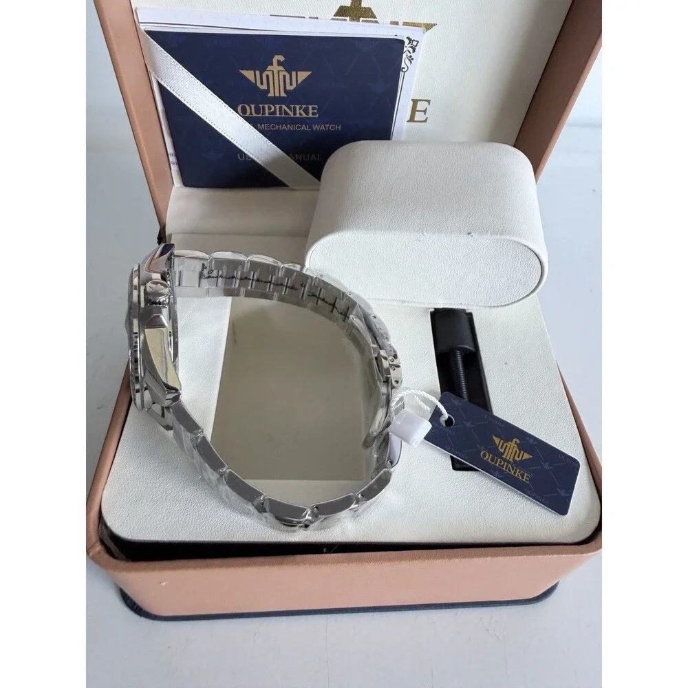OUPINKE Automatic Day/Date Silver Dial Stainless Steel Bracelet Watch w/Box